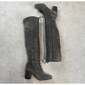 Franco Sarto Gray Suede Panya Over The Knee Lace Up Heeled Boots Size 8.5